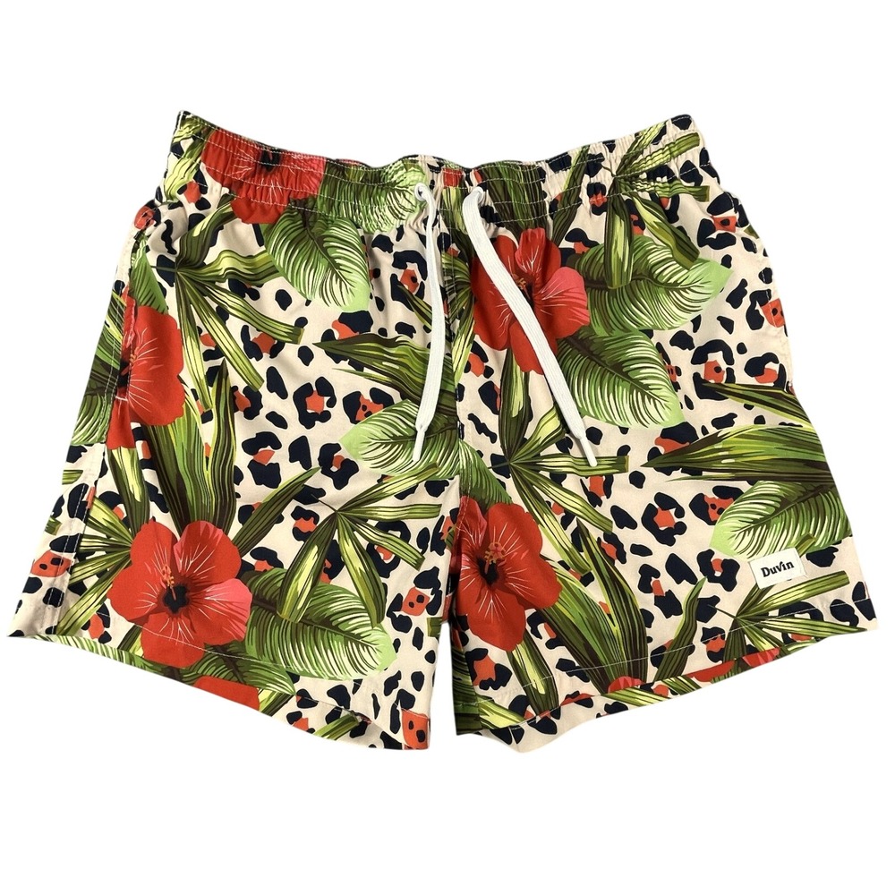 Duvin Swim Trunks Mens L Multicolor Tropical Leopard Hibiscus Floral Surf Shorts